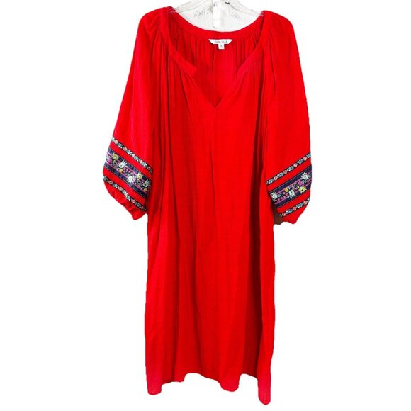 Pioneer Woman 3XL Red Rayon/Poly 40"L Dress Embroidered Puff Sleeve V-Neck EUC - Picture 10 of 10